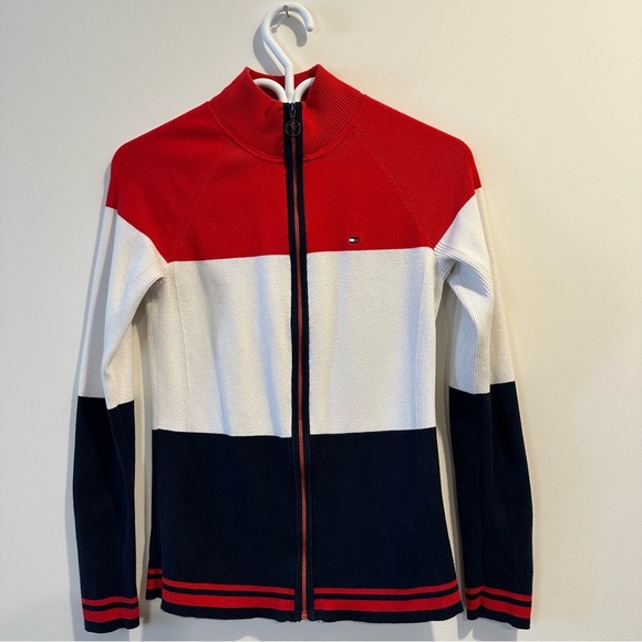 Tommy Hilfiger | Y2K Red White & Blue Zip Up Mock Neck Cardigan Sweater womens S - Picture 3 of 8